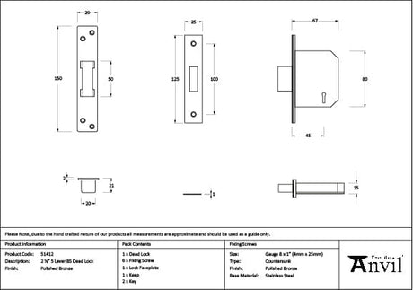 From The Anvil Locks & Latches Polished Bronze / 5 Lever Deadlocks / 2.5" / 65mm From The Anvil - Polished Bronze 2.5" 5 Lever BS Dead Lock