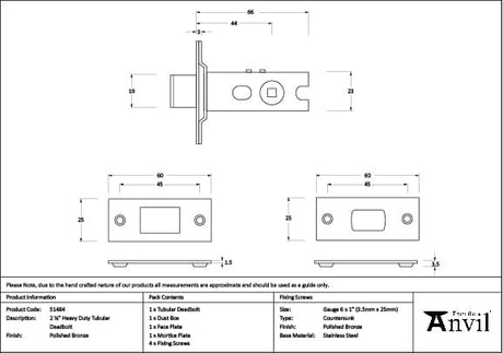 From The Anvil Locks & Latches Polished Bronze / Tubular Dead Bolts / 2.5" / 65mm From The Anvil - Polished Bronze 2.5" Heavy Duty Tubular Deadbolt