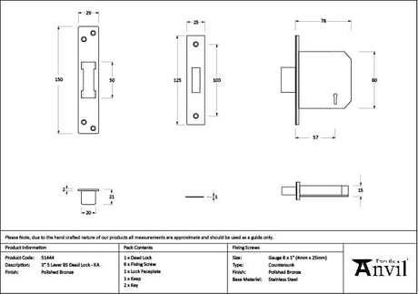 From The Anvil Locks & Latches Polished Bronze / 5 Lever Deadlocks / 3" / 76mm From The Anvil - Polished Bronze 3" 5 Lever BS Dead Lock KA