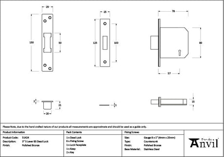 From The Anvil Locks & Latches Polished Bronze / 5 Lever Deadlocks / 3" / 76mm From The Anvil - Polished Bronze 3" 5 Lever BS Dead Lock