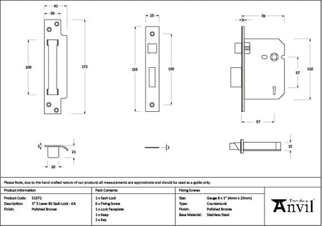 From The Anvil Locks & Latches Polished Bronze / 5 Lever Sashlocks / 3" / 76mm From The Anvil - Polished Bronze 3" 5 Lever BS Sash Lock KA
