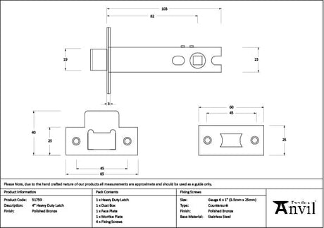 From The Anvil Locks & Latches Polished Bronze / Tubular Mortice Latch / 4" From The Anvil - Polished Bronze 4" Heavy Duty Latch