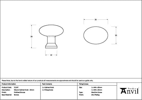 From The Anvil Cabinet Hardware Polished Bronze / Cabinet Knobs / 25mm Dia. From The Anvil - Polished Bronze Moore Cabinet Knob - 25mm