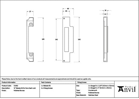 From The Anvil Locks & Latches Polished Bronze / DIN Rebate Kit From The Anvil - Polished Bronze Rebate Kit for Euro Sash Lock