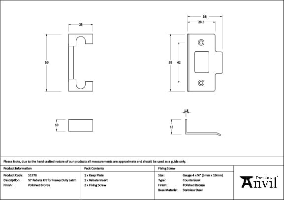 From The Anvil Locks & Latches Polished Bronze / Rebate Kits From The Anvil - Polished Bronze Rebate Kit for Heavy Duty Latch