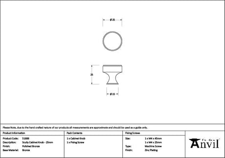 From The Anvil Cabinet Hardware Polished Bronze / Cabinet Knobs / 25mm Dia. From The Anvil - Polished Bronze Scully Cabinet Knob - 25mm
