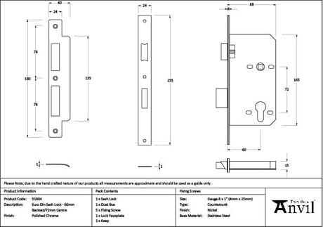 From The Anvil Locks & Latches Polished Chrome / DIN Euro Sash Lock / 2.5" / 65mm From The Anvil - Polished Chrome Euro Din Sash Lock - 60mm Backset/72mm Centre