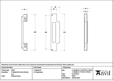 From The Anvil Locks & Latches Polished Chrome / DIN Rebate Kit From The Anvil - Polished Chrome Rebate Kit for Euro Din Sash Lock