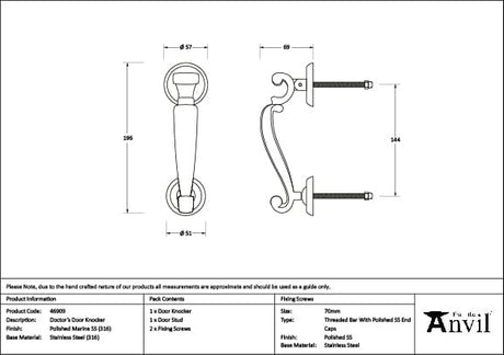 From The Anvil Door Furniture Polished Marine SS (316) / Doctors Door Knocker From The Anvil - Polished Marine SS (316) Doctor's Door Knocker