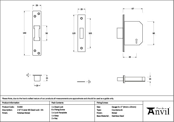 From The Anvil Locks & Latches Polished Nickel / 5 Lever Deadlocks / 2.5" / 65mm From The Anvil - Polished Nickel 2.5" 5 Lever BS Dead Lock KA