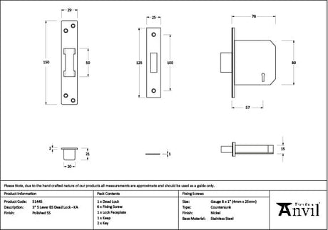 From The Anvil Locks & Latches Polished Stainless Steel / 5 Lever Deadlocks / 3" / 76mm From The Anvil - Polished SS 3" 5 Lever BS Dead Lock KA