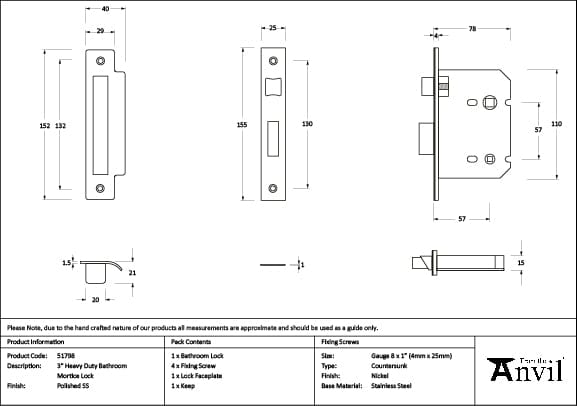 From The Anvil Locks & Latches Polished Stainless Steel / Bathroom Lock / 3" / 76mm From The Anvil - Polished SS 3" Heavy Duty Bathroom Mortice Lock