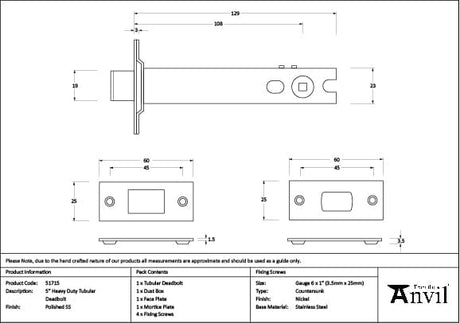 From The Anvil Locks & Latches Polished Stainless Steel / Tubular Dead Bolts / 5" / 127mm From The Anvil - Polished SS 5" Heavy Duty Tubular Deadbolt