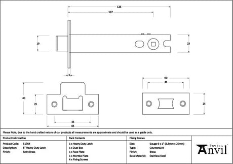 From The Anvil Locks & Latches Satin Brass / Tubular Mortice Latch / 5" From The Anvil - Satin Brass 5" Heavy Duty Latch