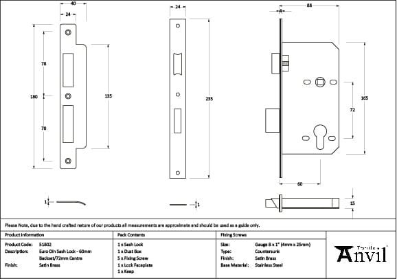 From The Anvil Locks & Latches Satin Brass / DIN Euro Sash Lock / 2.5" / 65mm From The Anvil - Satin Brass Euro Din Sash Lock - 60mm Backset/72mm Centre