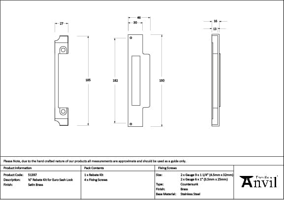 From The Anvil Locks & Latches Satin Brass / DIN Rebate Kit From The Anvil - Satin Brass Rebate Kit for Euro Sash Lock