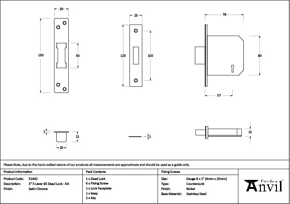 From The Anvil Locks & Latches Satin Chrome / 5 Lever Deadlocks / 3" / 76mm From The Anvil - Satin Chrome 3" 5 Lever BS Dead Lock KA