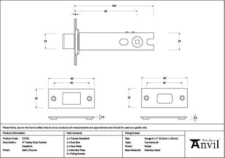 From The Anvil Locks & Latches Satin Chrome / Tubular Dead Bolts / 4" / 102mm From The Anvil - Satin Chrome 4" Heavy Duty Tubular Deadbolt