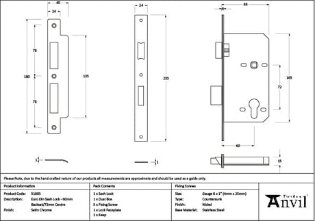 From The Anvil Locks & Latches Satin Chrome / DIN Euro Sash Lock / 2.5" / 65mm From The Anvil - Satin Chrome Euro Din Sash Lock - 60mm Backset/72mm Centre