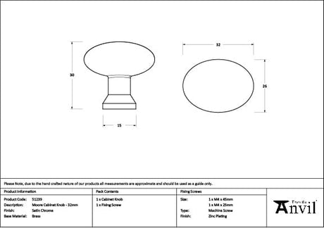 From The Anvil Cabinet Hardware Satin Chrome / Cabinet Knobs / 32mm Dia. From The Anvil - Satin Chrome Moore Cabinet Knob - 32mm