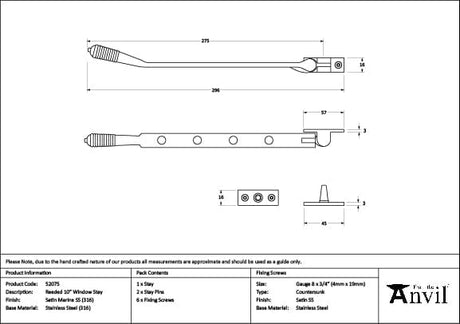 From The Anvil Window Furniture Satin Marine SS (316) / 10"/250mm From The Anvil - Satin Marine SS (316) 10" Reeded Stay