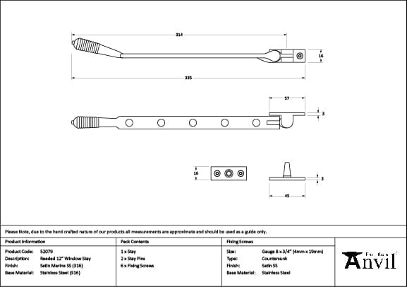 From The Anvil Window Furniture Satin Marine SS (316) / 12"/300mm From The Anvil - Satin Marine SS (316) 12" Reeded Stay