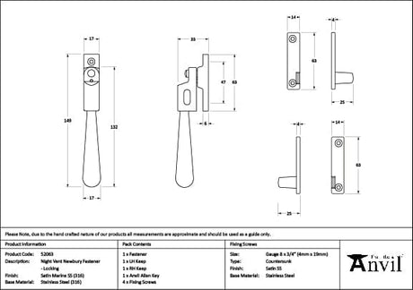 From The Anvil Window Furniture Satin Marine SS (316) / Yes / Night Vent From The Anvil - Satin Marine SS (316) Night-Vent Locking Newbury Fastener