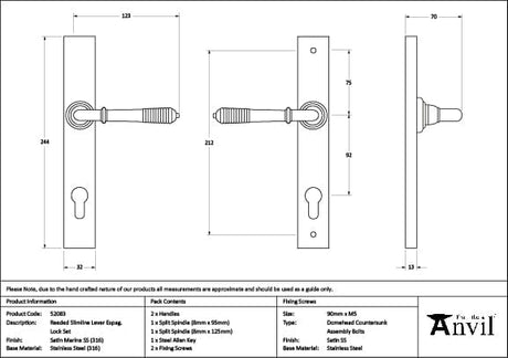 From The Anvil Door Furniture Satin Marine SS (316) / Multi Point Lock Set / 92mm c/c From The Anvil - Satin Marine SS (316) Reeded Slimline Lever Espag. Lock Set