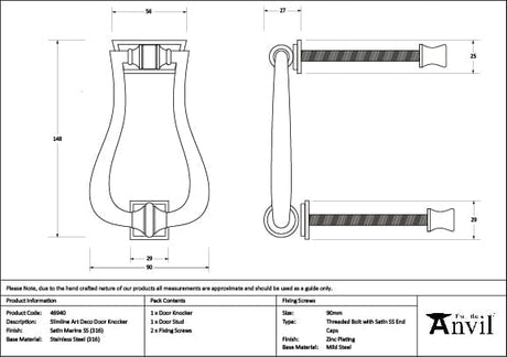 From The Anvil Door Furniture Satin Marine SS (316) / Art Deco Door Knocker From The Anvil - Satin Marine SS (316) Slimline Art Deco Door Knocker
