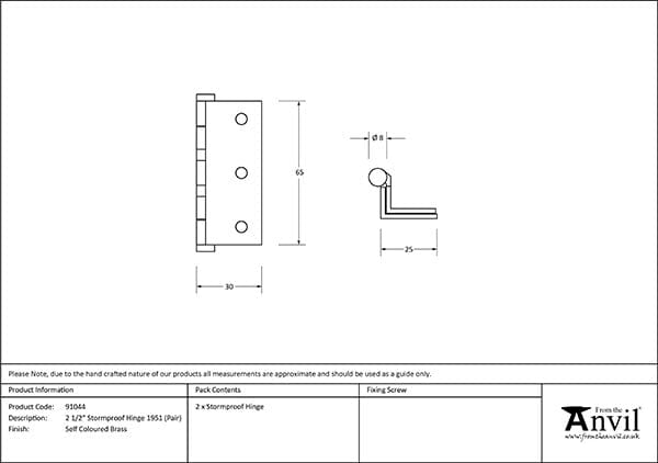 From The Anvil Window Furniture Self Colour Brass From The Anvil - Self Coloured Brass 2Ã‚Â½" (pair) Stormproof Hinge 1951