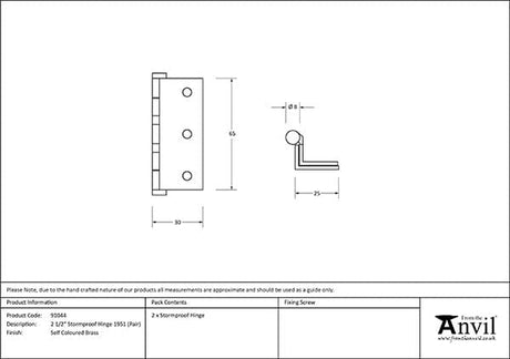 From The Anvil Window Furniture Self Colour Brass From The Anvil - Self Coloured Brass 2Ã‚Â½" (pair) Stormproof Hinge 1951