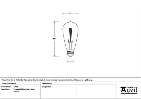 From The Anvil Electrical From The Anvil - Vintage LED Edison Light Bulb - 5W E27