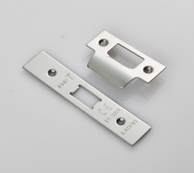 High quality image of Eurospec - Forend Strike & Fixing Pack To Suit Flat Latch FLL5030-Bright Stainle | Sku. fsf5008bss | Trade Door Handles.
