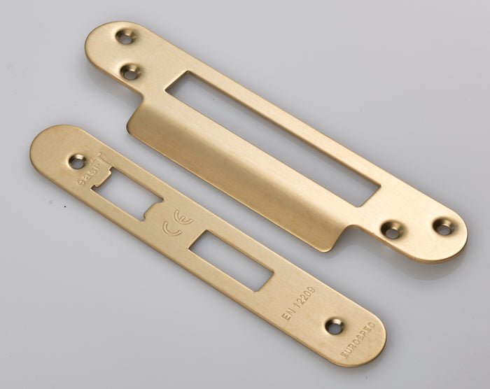 High quality image of Eurospec - Forend Strike & Fixing Pack to suit Architectural Sashlocks (BAS/ESS) - Satin Brass | Sku. fsf5004sb-r | Trade Door Handles.