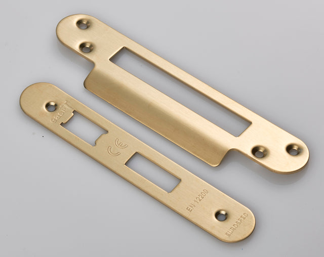 High quality image of Eurospec - Forend Strike & Fixing Pack to suit Architectural Sashlocks (BAS/ESS) - Satin Brass | Sku. fsf5004sb-r | Trade Door Handles.