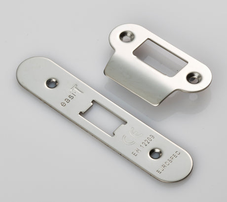 High quality image of Eurospec - Forend Strike & Fixing Pack To Suit Flat Latch FLL5030-Bright Stainle | Sku. fsf5008bss-r | Trade Door Handles.