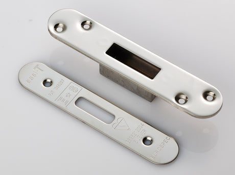 High quality image of Eurospec - Easi T Forend Strikes & Fixing Pack To Suit BS 5 Lever Deadlock-Brigh | Sku. fsf5012bss-r | Trade Door Handles.