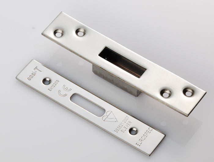 High quality image of Eurospec - Easi T Forend Strikes & Fixing Pack To Suit BS 5 Lever Deadlock-Brigh | Sku. fsf5012bss | Trade Door Handles.