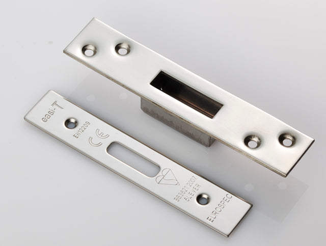 High quality image of Eurospec - Easi T Forend Strikes & Fixing Pack To Suit BS 5 Lever Deadlock-Brigh | Sku. fsf5012bss | Trade Door Handles.