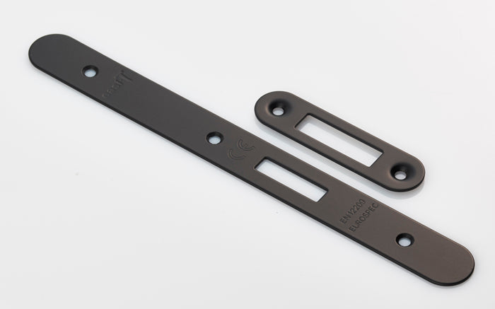High quality image of Eurospec - Forend Strike and Fixing Pack to suit Din Euro Deadlock (Security) Radius - Matt Black | Sku. fsf5015mb-r | Trade Door Handles.
