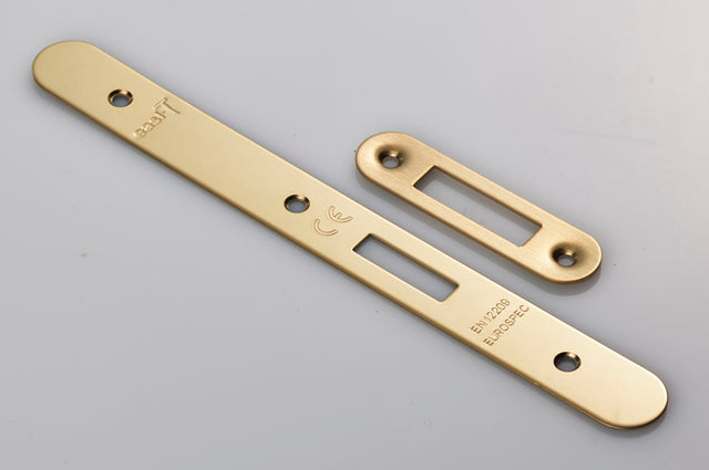 High quality image of Eurospec - Forend Strike & Fixing Pack To Suit Din Euro Deadlock-PVD-Radius Fore | Sku. fsf5015pvd-r | Trade Door Handles.