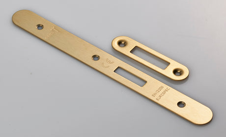 High quality image of Eurospec - Forend Strike and Fixing Pack to suit Din Euro Deadlock (Security) Radius - Satin Brass | Sku. fsf5015sb-r | Trade Door Handles.