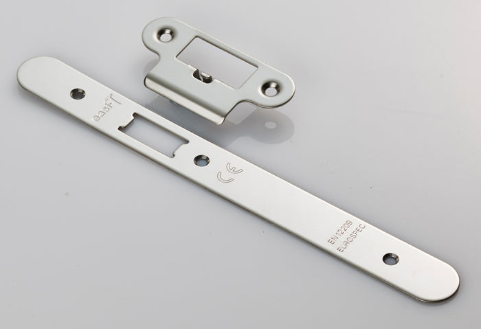 High quality image of Eurospec - Forend Strike & Fixing Pack To Suit Din Latch-Bright Stainless Steel- | Sku. fsf5016bss-r | Trade Door Handles.