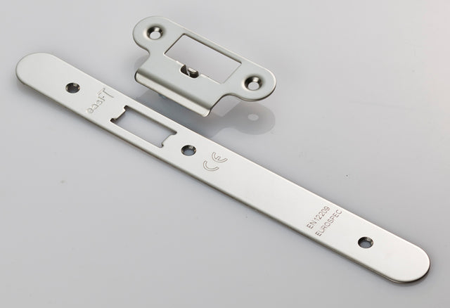 High quality image of Eurospec - Forend Strike & Fixing Pack To Suit Din Latch-Bright Stainless Steel- | Sku. fsf5016bss-r | Trade Door Handles.