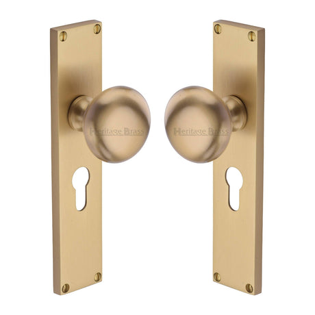 Heritage Brass Door Furniture Satin Brass / Mortice Knobs Heritage Brass Mortice Knob on Euro Profile Plate Victoria Design Satin Brass finish