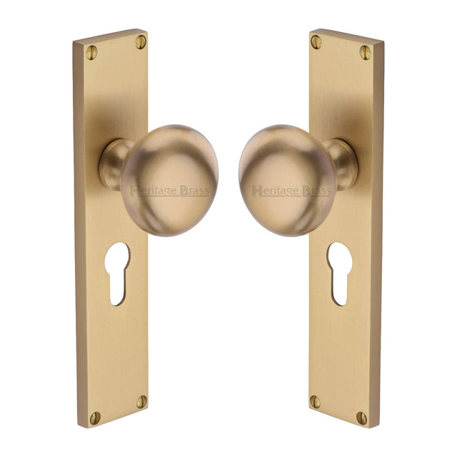 Heritage Brass Door Furniture Satin Brass / Mortice Knobs Heritage Brass Mortice Knob on Euro Profile Plate Victoria Design Satin Brass finish