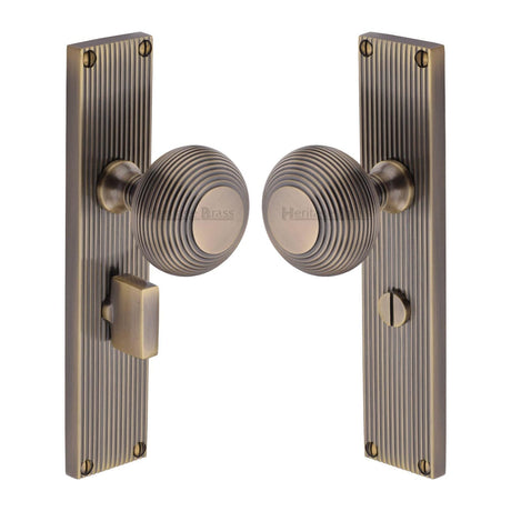 Heritage Brass Door Furniture Antique Brass / Mortice Knobs Heritage Brass Mortice Knob on Reeded Bathroom Plate Beehive Design Antique Brass finish