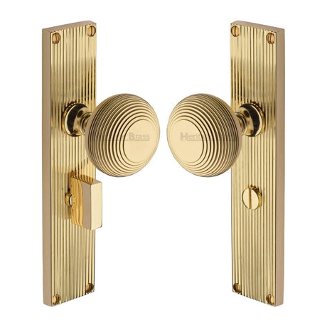 Heritage Brass Door Furniture Polished Brass / Mortice Knobs Heritage Brass Mortice Knob on Reeded Bathroom Plate Beehive Design Polished Brass finish
