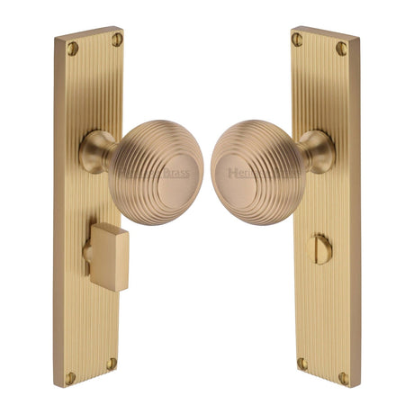 Heritage Brass Door Furniture Satin Brass / Mortice Knobs Heritage Brass Mortice Knob on Reeded Bathroom Plate Beehive Design Satin Brass finish
