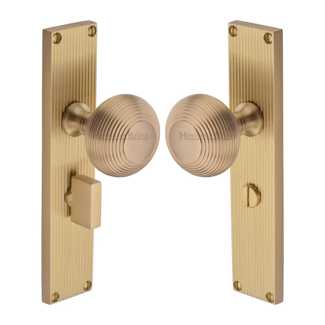 Heritage Brass Door Furniture Satin Brass / Mortice Knobs Heritage Brass Mortice Knob on Reeded Bathroom Plate Beehive Design Satin Brass finish